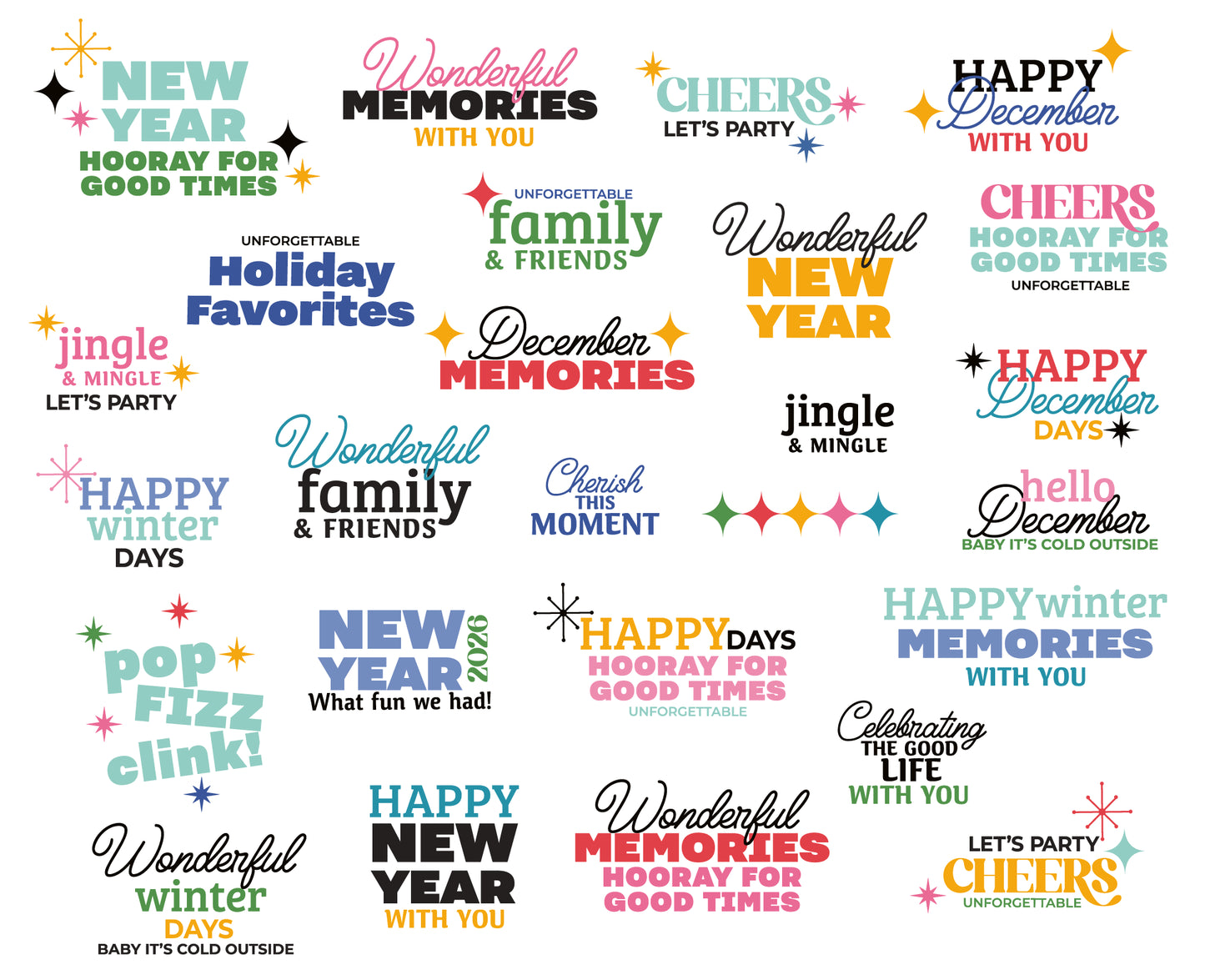 Collection of festive text phrases on a white background