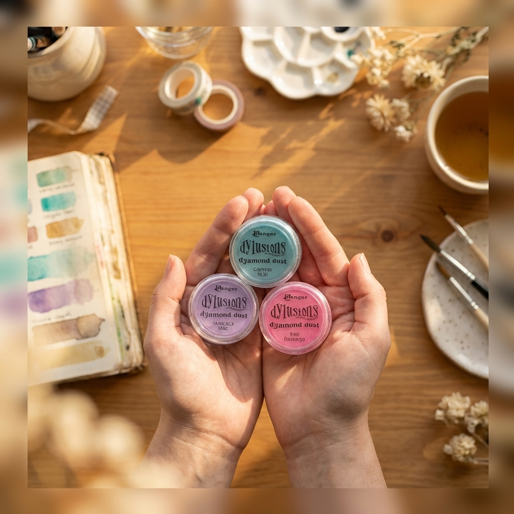 3 Ranger Dylusions Dyamond Dust pigment powders: Laidback Lilac, Calypso Teal & Flamingo Pink. Add shimmer & dimension to scrapbook layouts. Mix or layer dry.