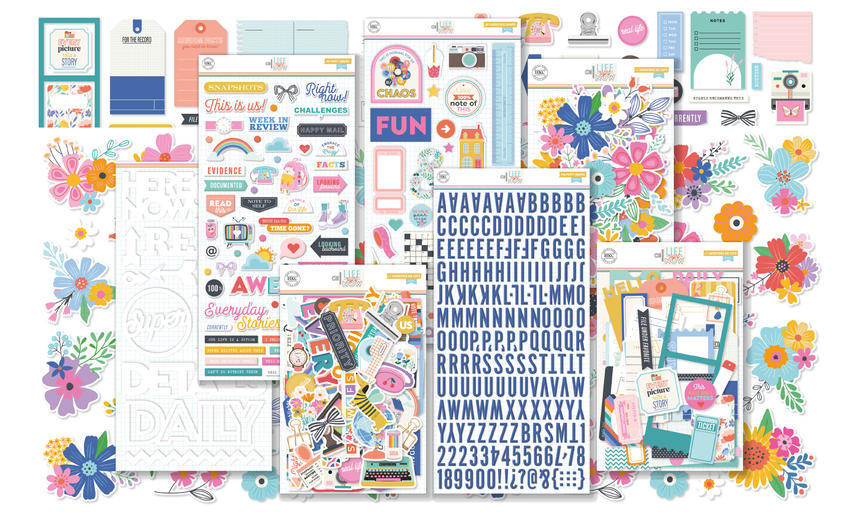 Scrapbook embellishments kit with stickers, die cuts, washi tape, and enamel dots for scrapbooking