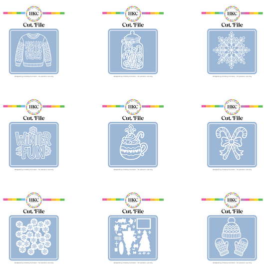 December 2025 and January 2026 Hip Kit Club SVG cut file collection preview showing holiday, winter, and new year designs for Cricut and Silhouette