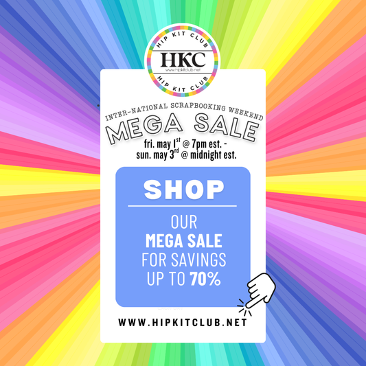 Hip Kit Club National Scrapbook Day Mega Sale promotional banner — up to 70% off scrapbooking kits and supplies