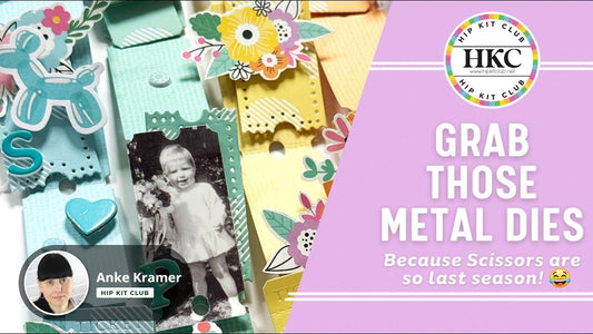 Anke Kramer scrapbook layout using January 2026 Hip Kit Club Raffle Tickets Metal Die Set with rainbow cardstock and fussy cut flowers