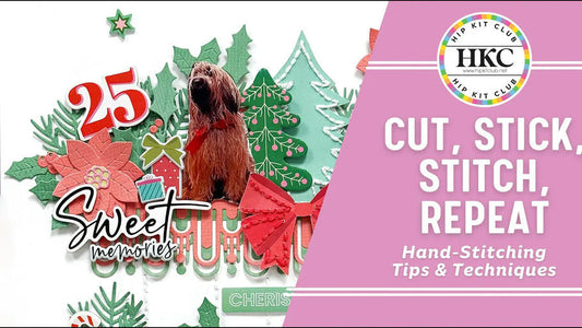 Hand stitched embellishments adding texture to Christmas scrapbook layout with festive holiday papers and decorative stitching patterns