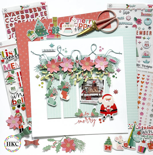 Christmas scrapbook layout featuring large decorative tags, holiday embellishments, and festive designs from November 2025 Hip Kit Club
