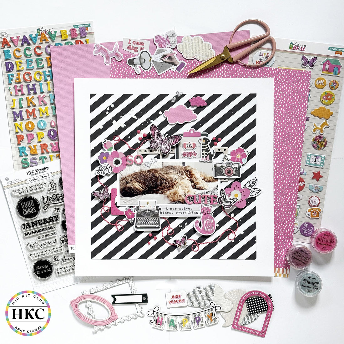 Hip Happenings newsletter header featuring Anke Kramer scrapbook layout with Hip Kit Club February 2026 monthly scrapbook kits