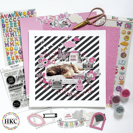 Hip Happenings newsletter header featuring Anke Kramer scrapbook layout with Hip Kit Club February 2026 monthly scrapbook kits