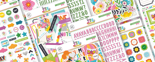 March 2026 Hip Kits banner featuring the Live Life and Dance It Out scrapbooking collection with pink and green floral designs