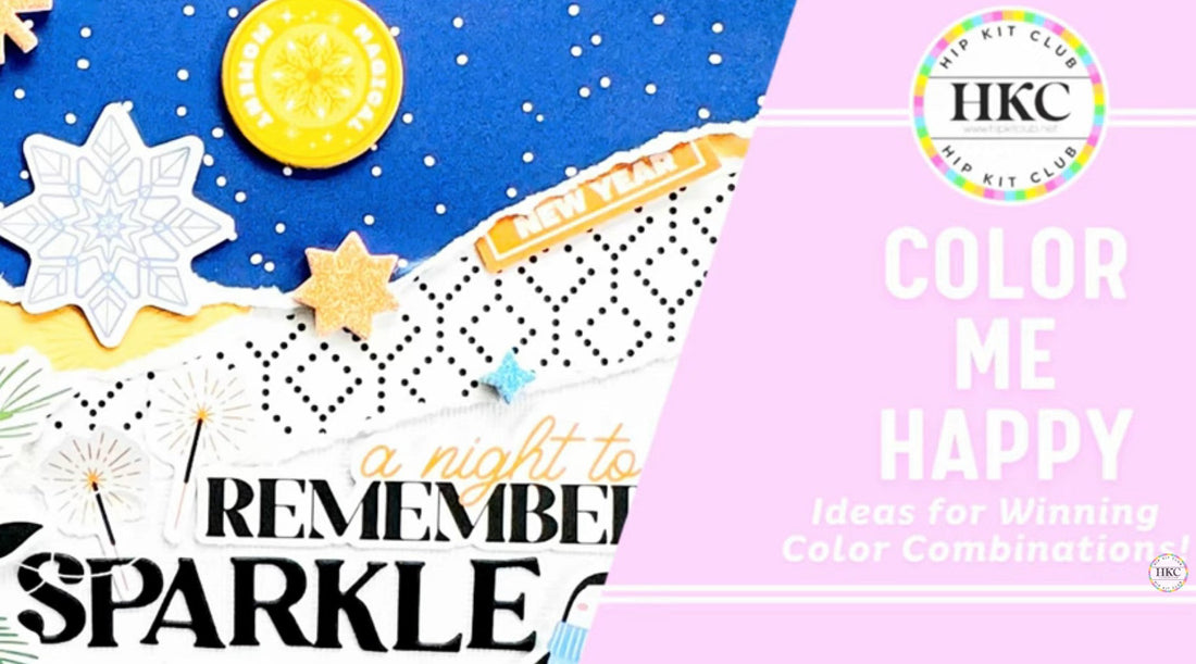 Blue and yellow scrapbook layout featuring simple techniques with December Hip Kits collection, showing layered papers, embellishments, and photo placement