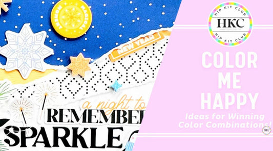 Blue and yellow scrapbook layout featuring simple techniques with December Hip Kits collection, showing layered papers, embellishments, and photo placement