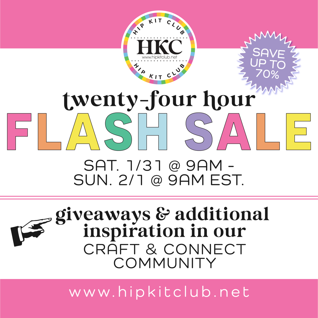 Hip Kits Flash Sale 2026 Craft Connect event banner with colorful scrapbooking supplies and limited-time offer details