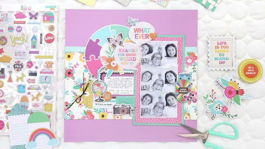 Colorful scrapbook layout featuring black and white photos matted on patterned paper with butterfly die cuts, fussy cut rainbow circle, and stamped journal cards from January 2026 Hip Kits