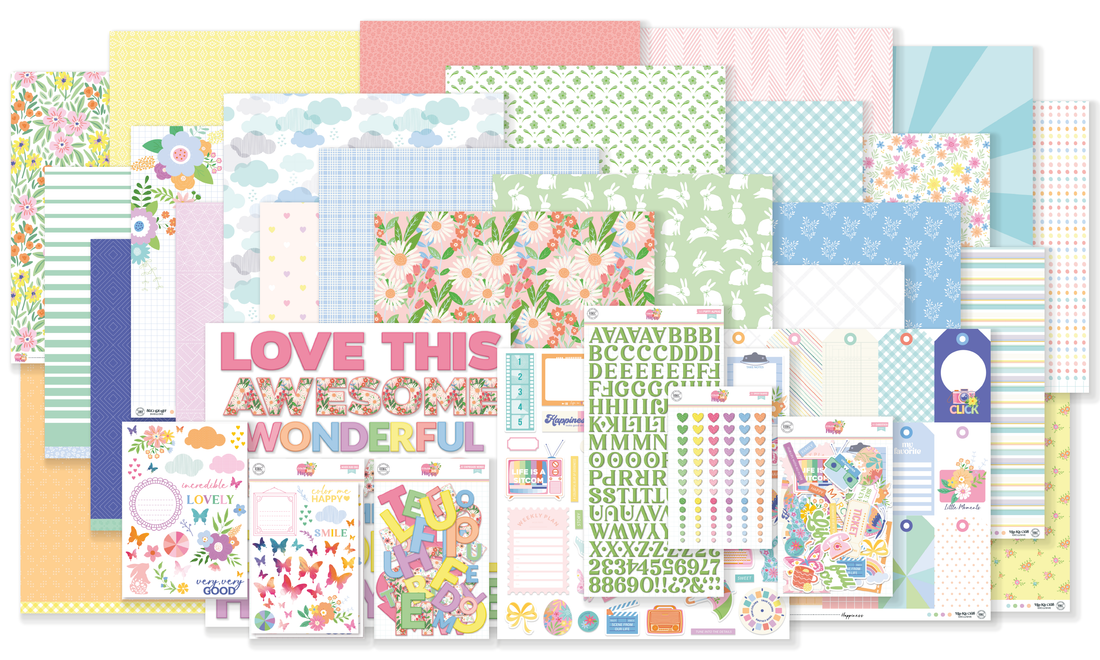 Monthly scrapbooking kit with themed patterned paper and supplies for layout inspiration