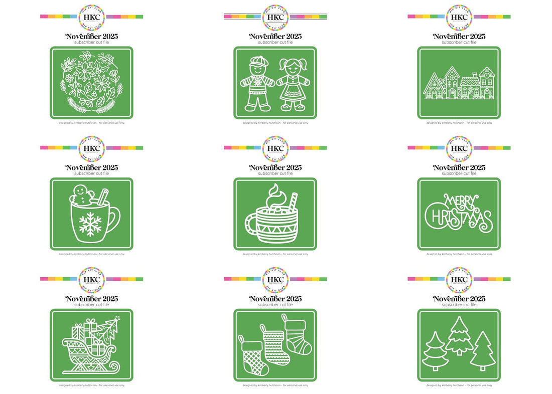 Collection of 9 Christmas cut files including gingerbread village, hot cocoa mug, and holiday craft designs for scrapbooking