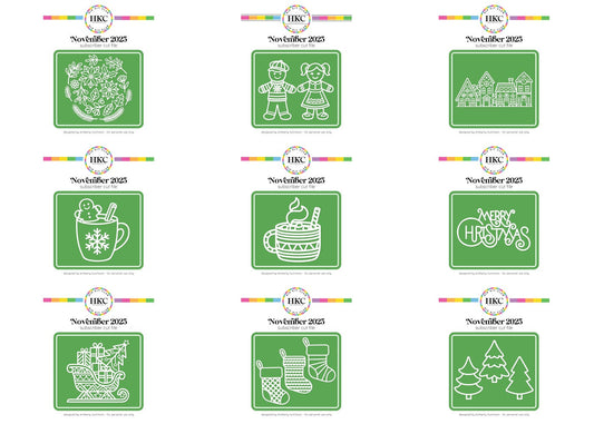 Collection of 9 Christmas cut files including gingerbread village, hot cocoa mug, and holiday craft designs for scrapbooking