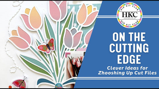 Anke Kramer's completed scrapbook layout featuring the Tulip Bouquet cut file backed with patterned paper and green cardstock from the March 2026 Hip Kit Club kit