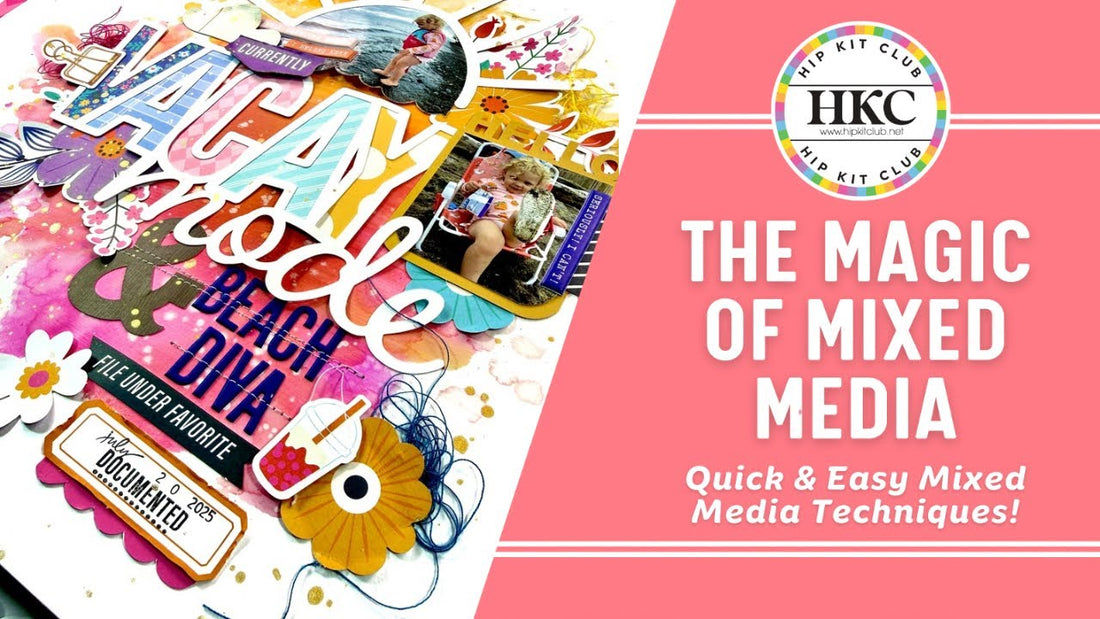 Mixed media scrapbook layout featuring cut file letters, Lindy's powder background, die cut flowers, and machine stitching using February 2026 Hip Kits