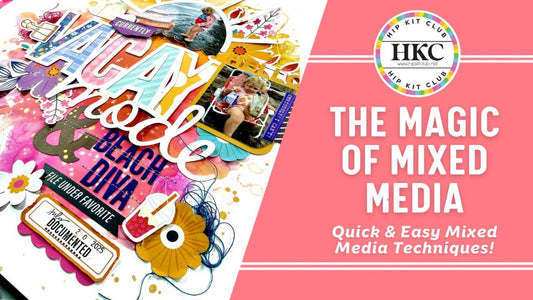 Mixed media scrapbook layout featuring cut file letters, Lindy's powder background, die cut flowers, and machine stitching using February 2026 Hip Kits