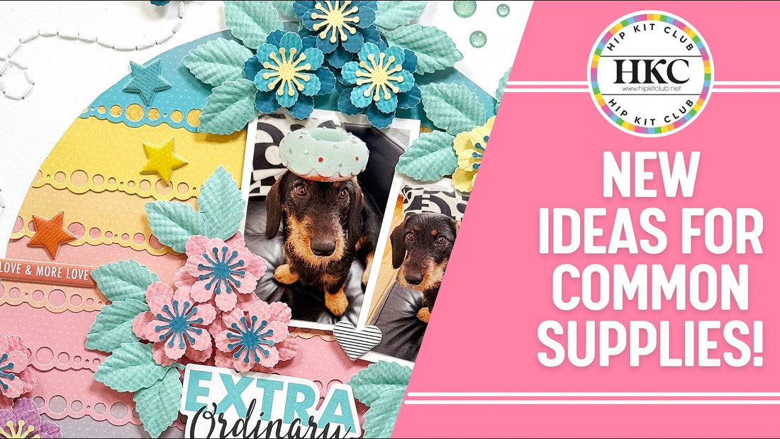 Anke Kramer's finished punched paper circle scrapbook layout using the March 2026 Hip Kit Club Main Kit and Embellishment Kit, featuring layered cardstock flowers, butterflies, and hand-stitched trails