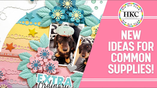 Anke Kramer's finished punched paper circle scrapbook layout using the March 2026 Hip Kit Club Main Kit and Embellishment Kit, featuring layered cardstock flowers, butterflies, and hand-stitched trails