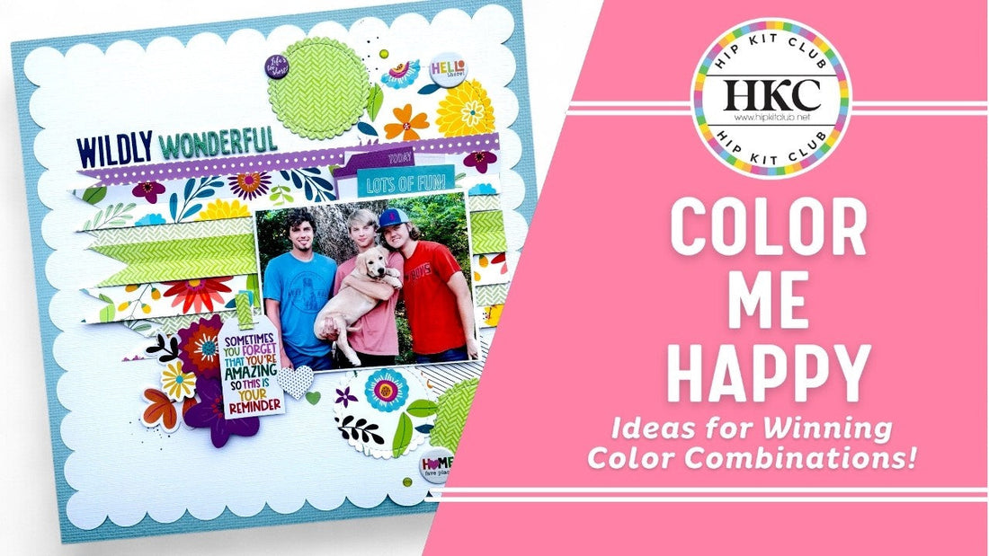 Colorful scrapbook layout by Shanel Pettyjohn using the March 2026 Hip Kit Club stacked paper strips and scallop circle die cuts