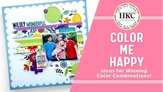 Colorful scrapbook layout by Shanel Pettyjohn using the March 2026 Hip Kit Club stacked paper strips and scallop circle die cuts