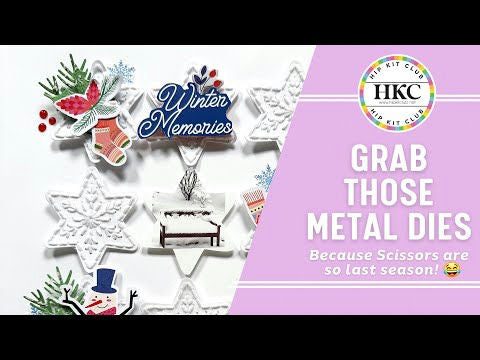 Dimensional starflake scrapbook background tutorial featuring layered paper snowflakes and winter embellishments from Hip Kits December 2025 collection
