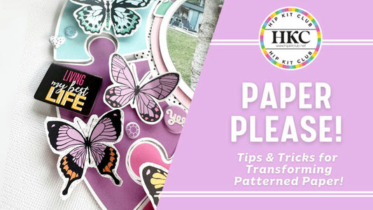 Scrapbook layout featuring fussy cut puzzle pieces and butterflies from January 2026 Hip Kits monthly scrapbook subscription box