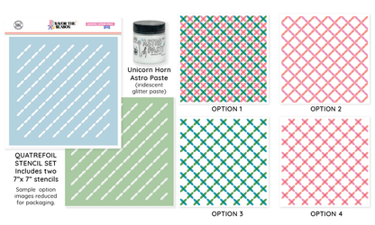 December 2025 color kit with quatrefoil stencil and glitter paste for holiday crafts