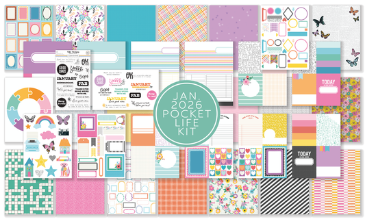 Complete pocket page kit with 18 sheets of 6x8 cards, 10 patterned papers, journaling cards, cut-apart ephemera & 4x6 stamp set. Perfect for memory keeping.