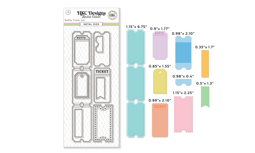 Precision metal die set featuring detailed raffle ticket designs. Cuts cleanly through cardstock, vellum & specialty papers. Perfect for scrapbooking & memory keeping.