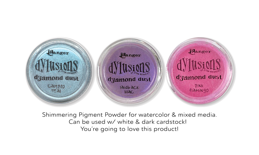 3 Ranger Dylusions Dyamond Dust pigment powders: Laidback Lilac, Calypso Teal & Flamingo Pink. Add shimmer & dimension to scrapbook layouts. Mix or layer dry.