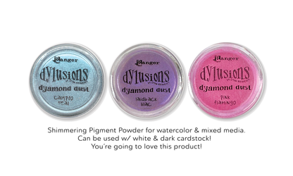 3 Ranger Dylusions Dyamond Dust pigment powders: Laidback Lilac, Calypso Teal & Flamingo Pink. Add shimmer & dimension to scrapbook layouts. Mix or layer dry.