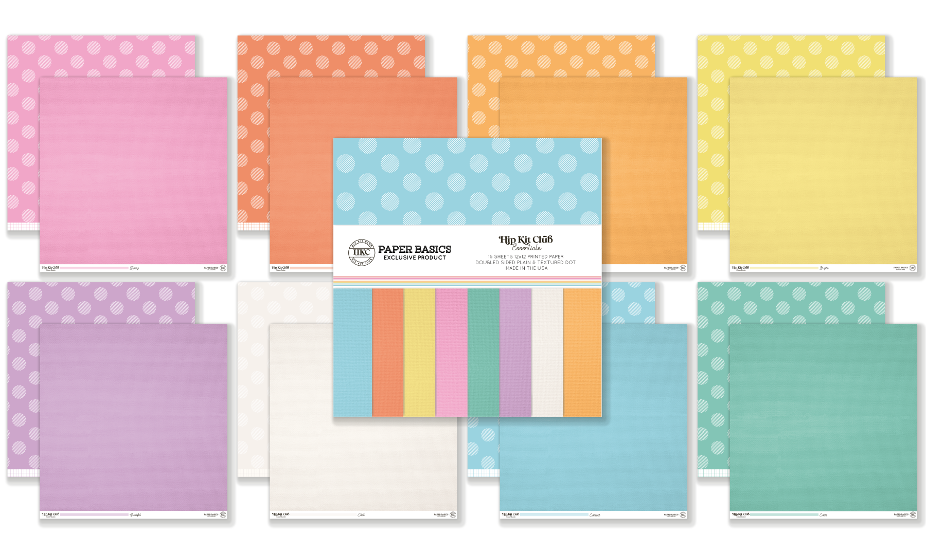 Collection of colorful paper packs with polka dot and striped patterns on a white background.