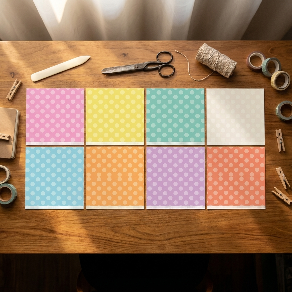 Colorful polka dot sticky notes on a wooden surface with stationery items.