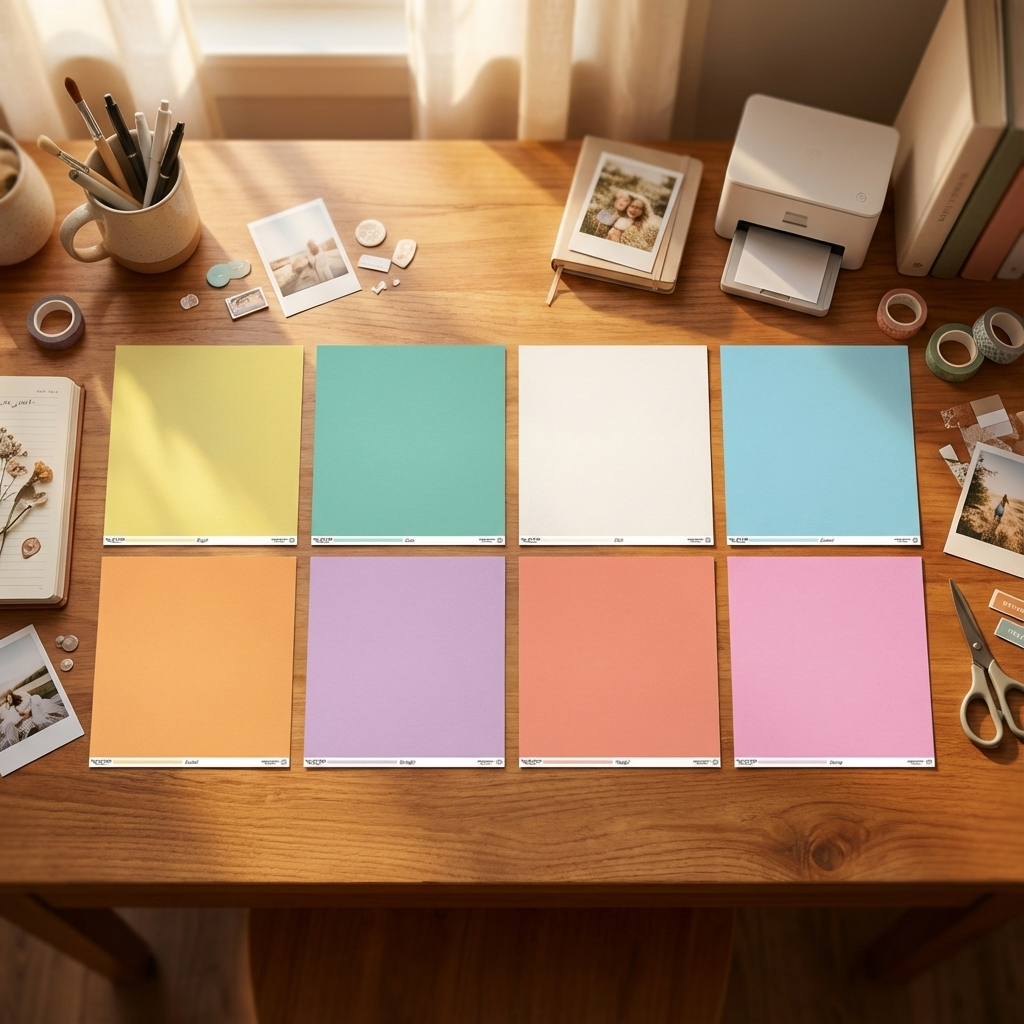 Color swatches on a wooden table with stationery items.