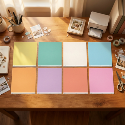 Color swatches on a wooden table with stationery items.