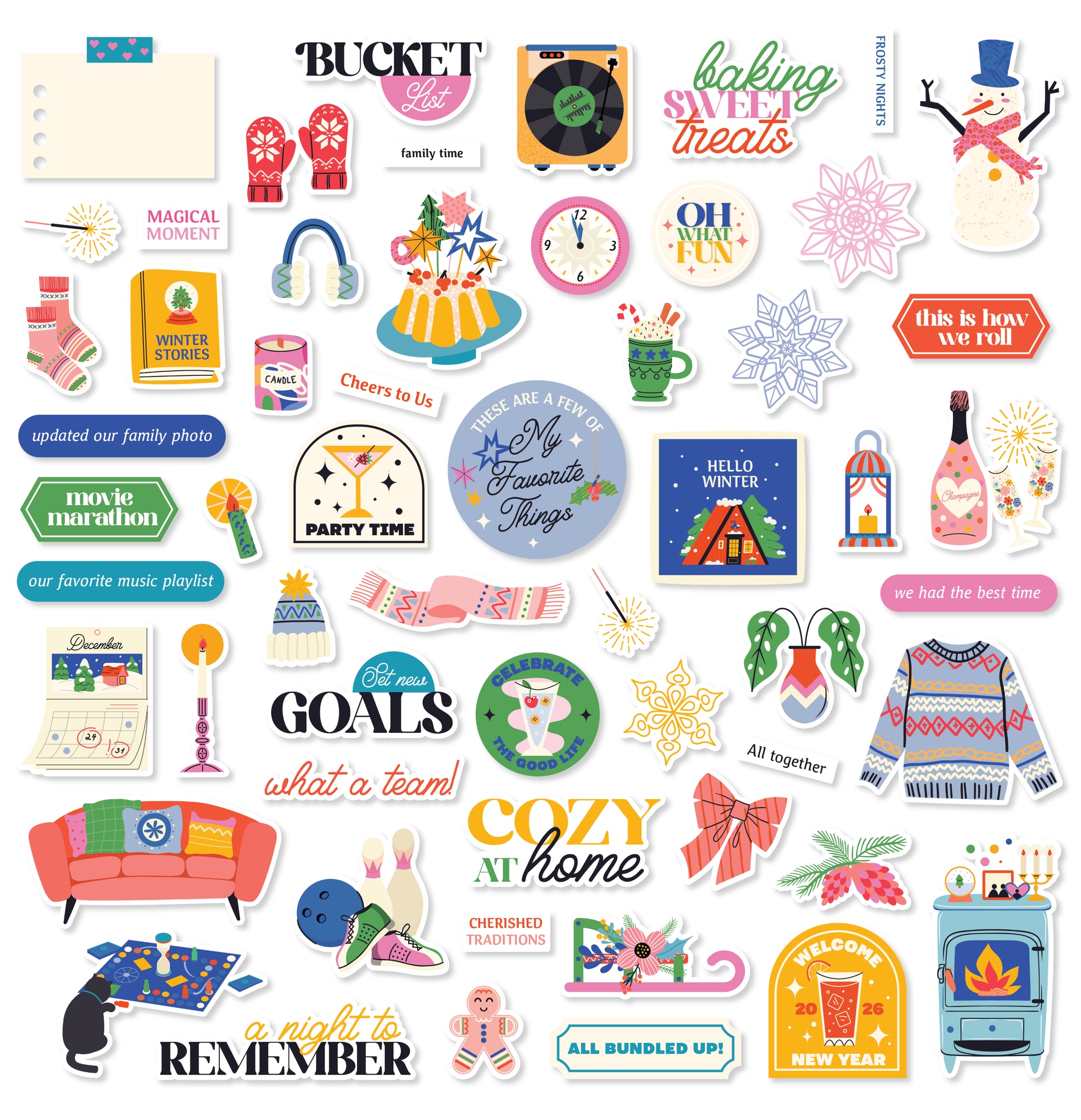 Collection of colorful stickers with various designs and text on a white background