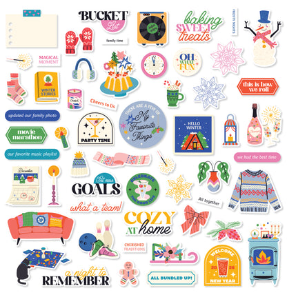 Collection of colorful stickers with various designs and text on a white background