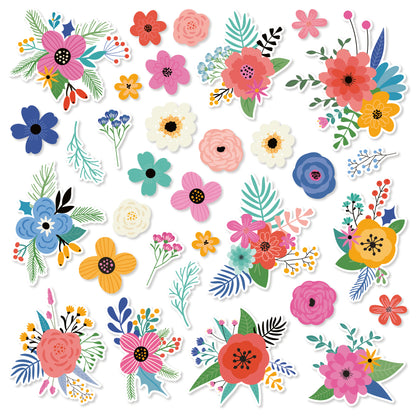 Collection of colorful floral stickers on a white background