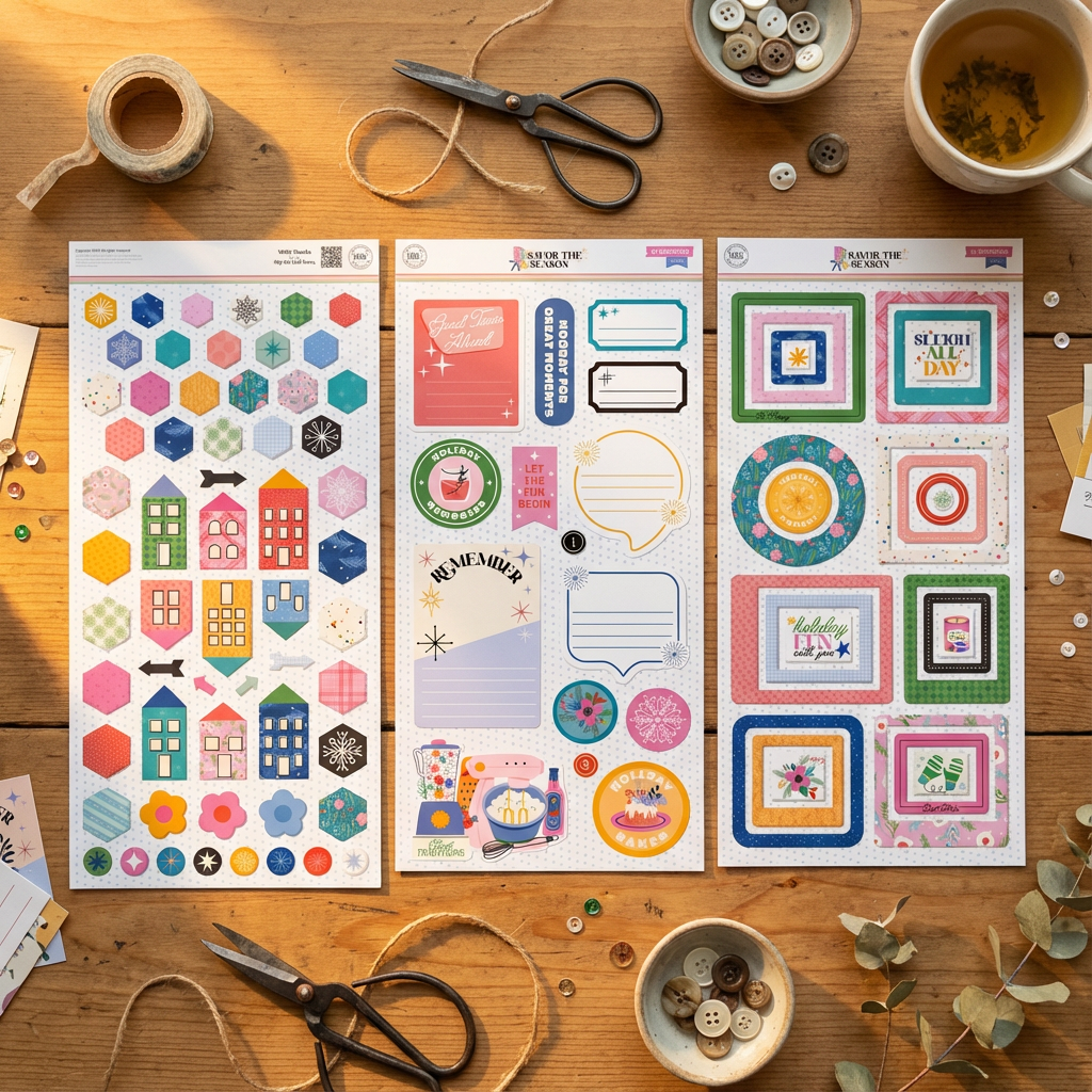 Three sheets of decorative stickers on a wooden table with scissors and a cup.