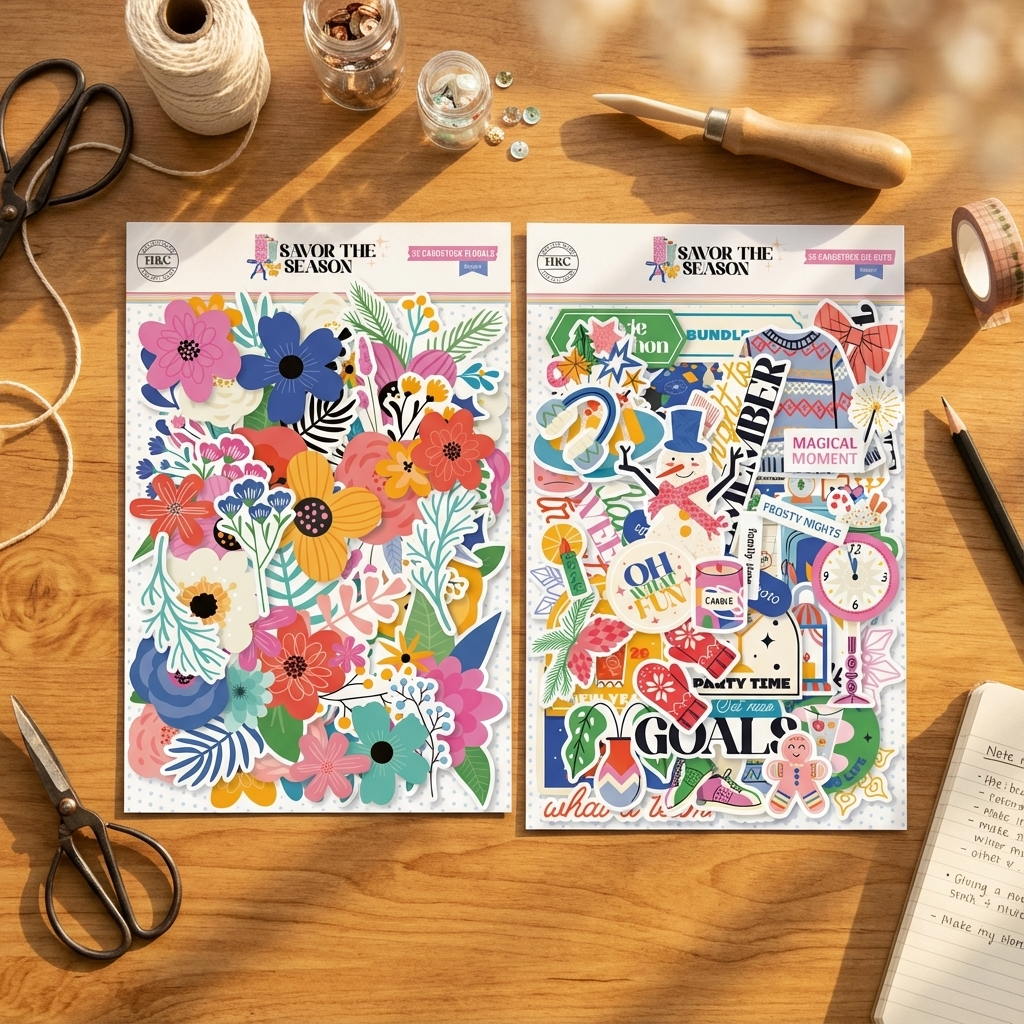 Two sheets of decorative stickers on a wooden surface with craft supplies.