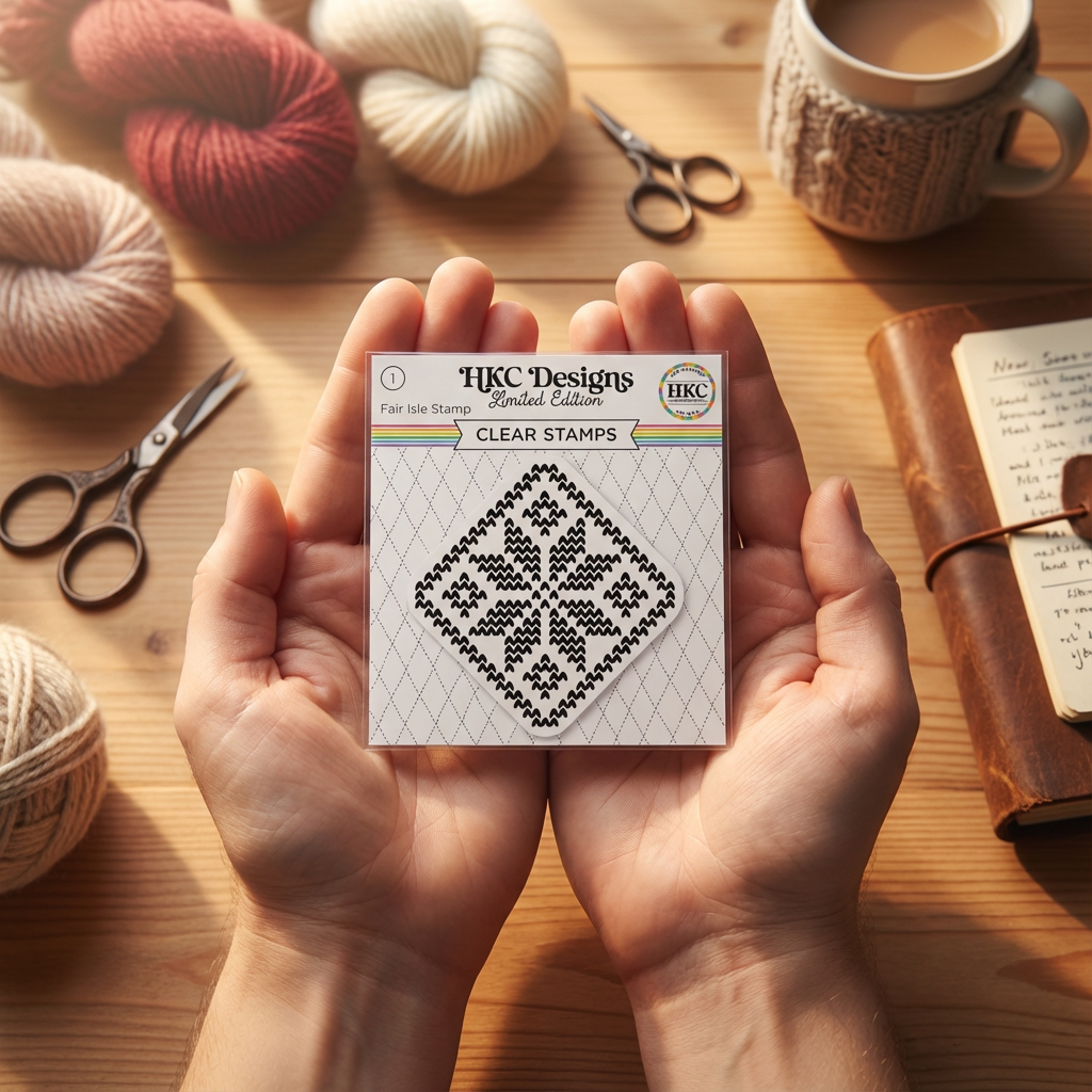 Person holding a package of HKC Designs clear stamps on a wooden table with yarn and scissors.