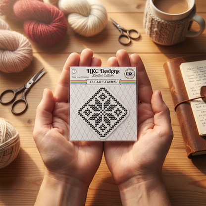 Person holding a package of HKC Designs clear stamps on a wooden table with yarn and scissors.