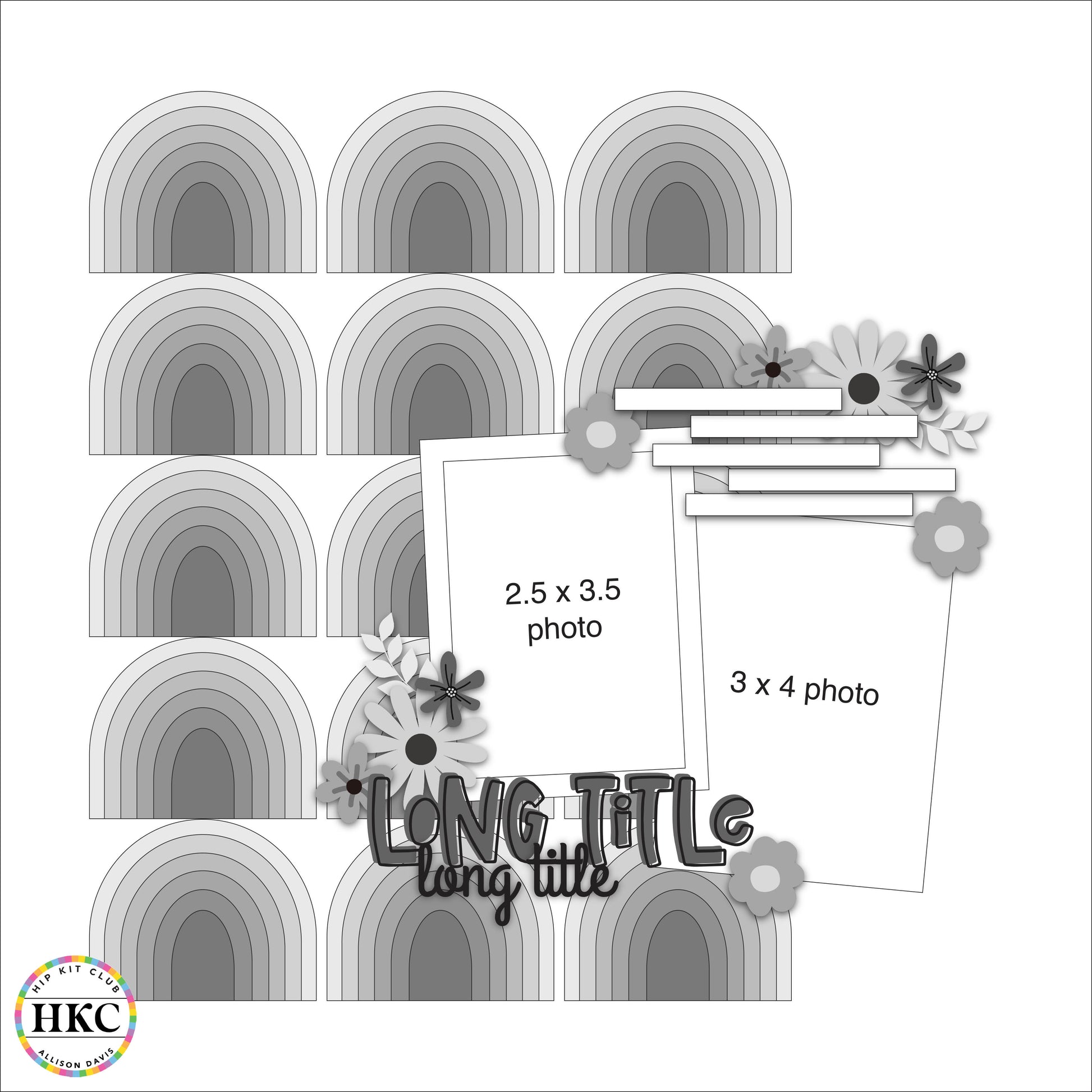 Decorative elements with arches, flowers, and text on a white background