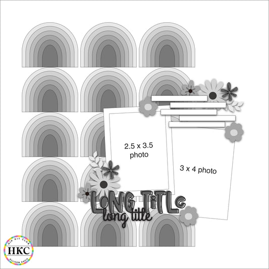 Decorative elements with arches, flowers, and text on a white background