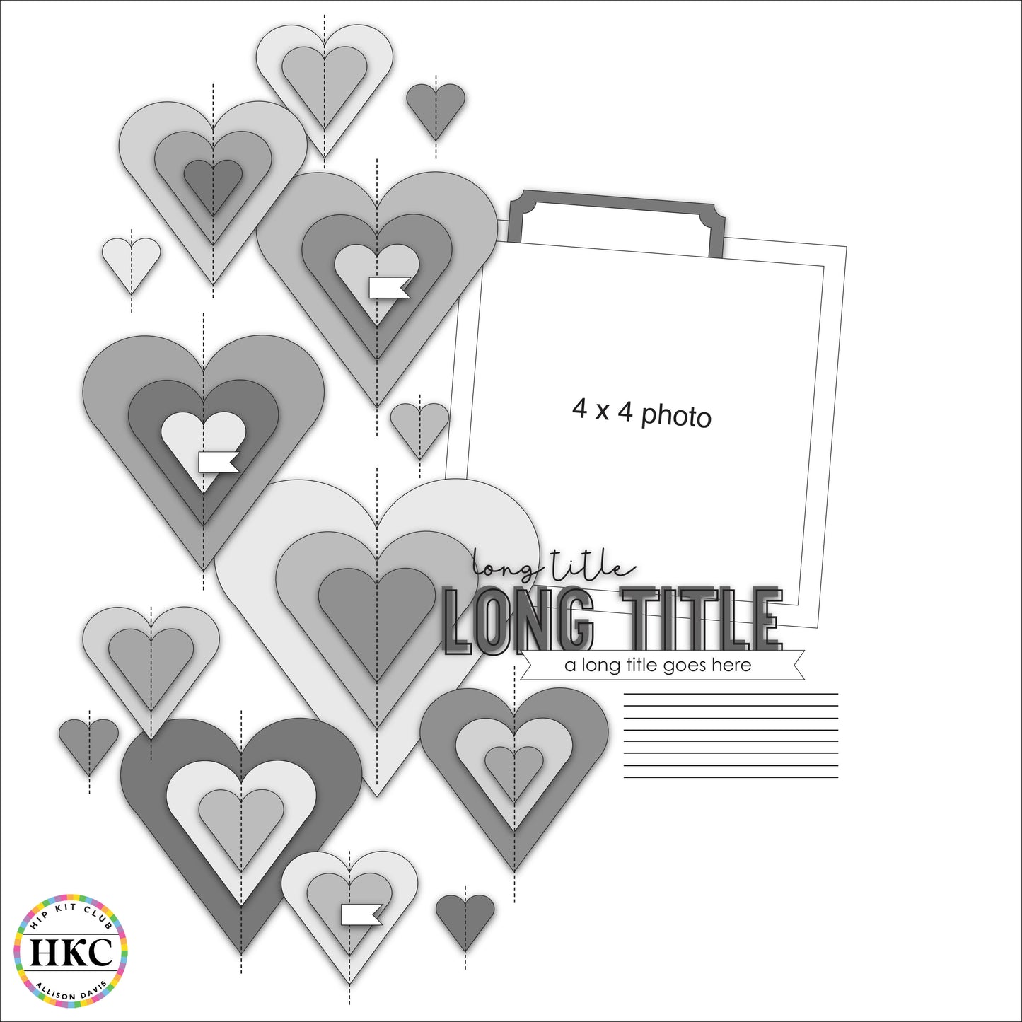 Heart-shaped photo album with space for a 4x4 photo and text area, featuring the brand 'HKC'.