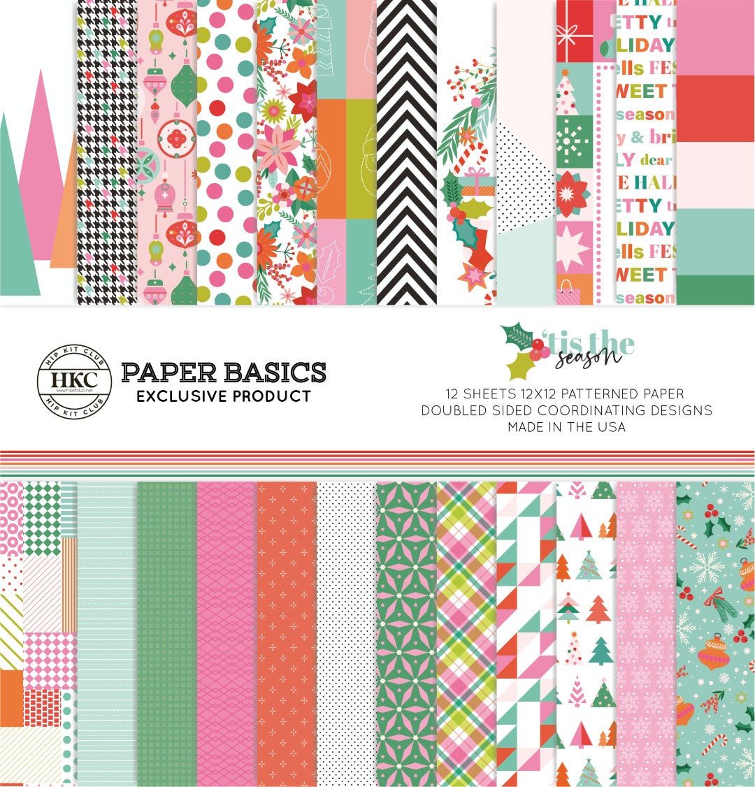 Collection of patterned paper sheets with various designs, including polka dots and geometric patterns, arranged in a grid. Brand 'HKC' is visible.