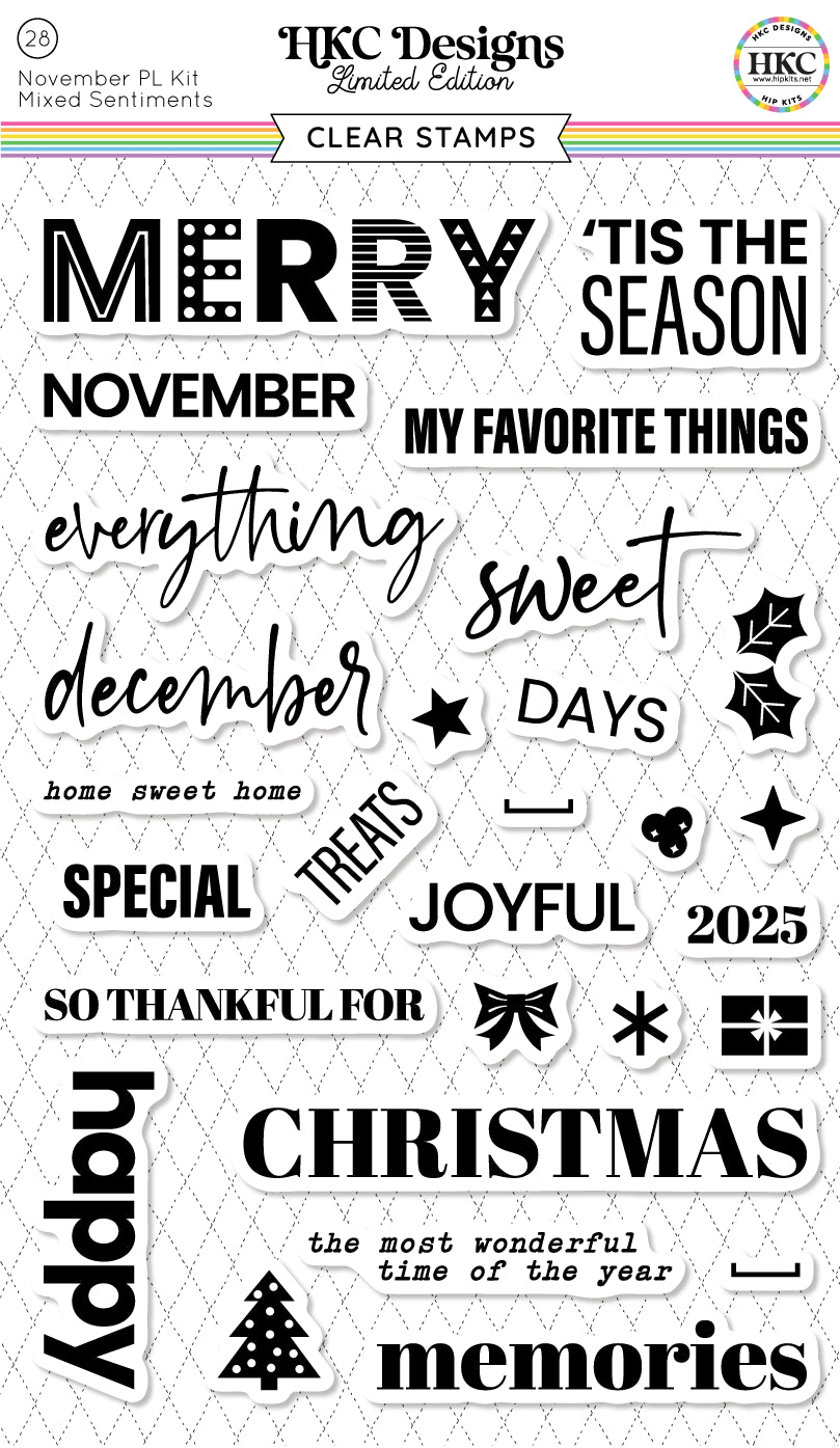 Clear stamps with various Christmas-themed phrases on a white background