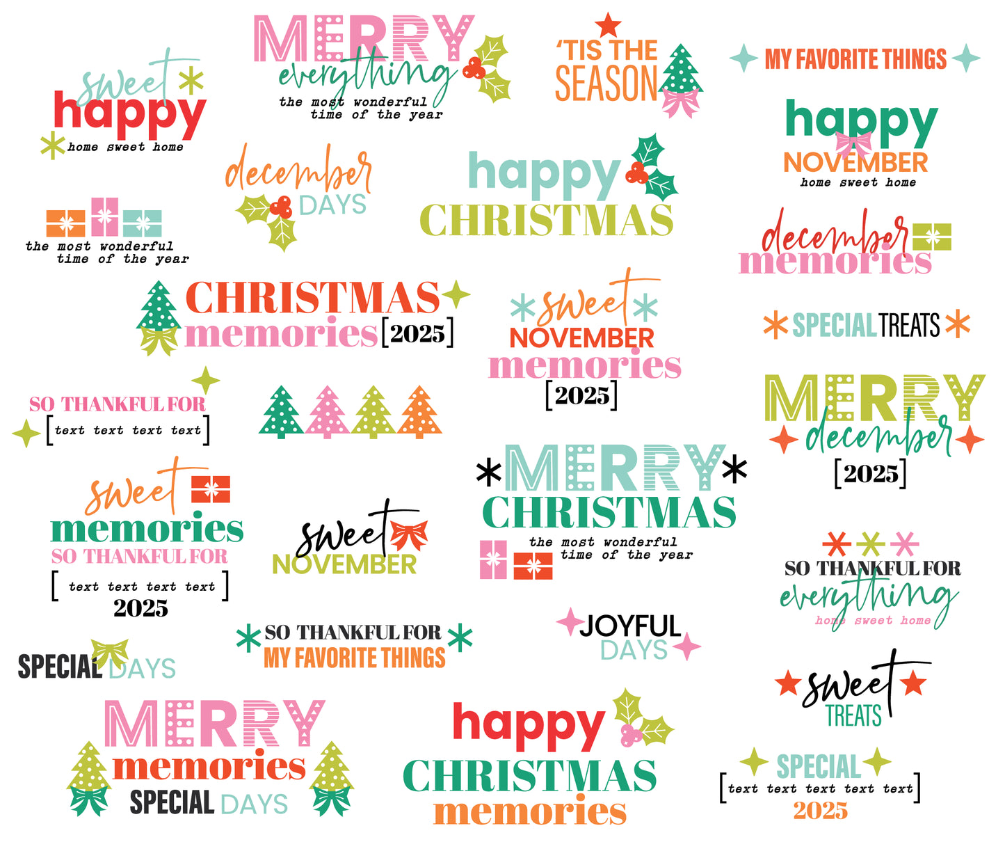 Collection of Christmas-themed text phrases in various colors on a white background