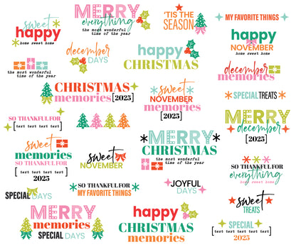 Collection of Christmas-themed text phrases in various colors on a white background